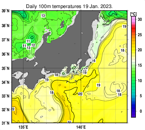 関東・東海・北陸周辺海域の深さ100mの水温分布図(1月19日)