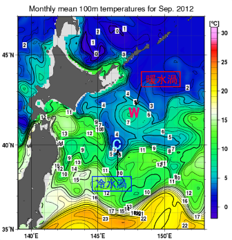 2012年7月の深さ100mの水温図