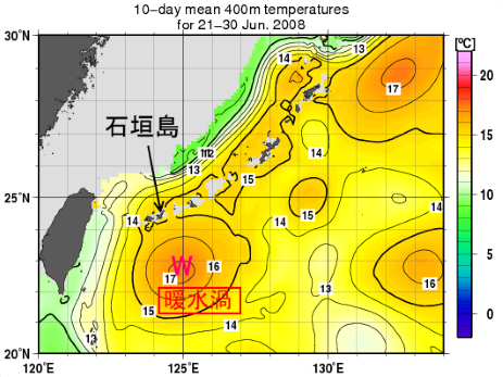 2008年6月下旬の深さ400mの水温図
