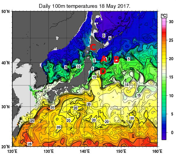 日本近海の深さ100mの水温分布図（5月18日）