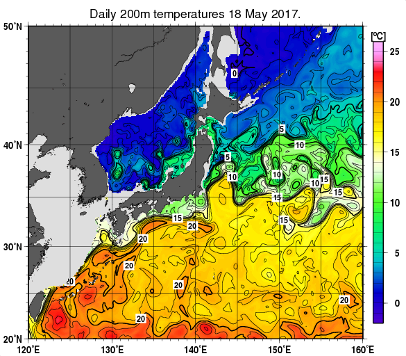 日本近海の深さ200mの水温分布図（5月18日）