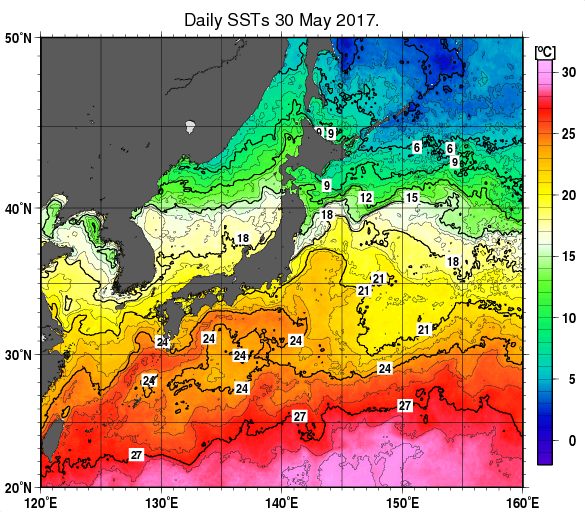日本近海の海面水温分布図（5月30日）