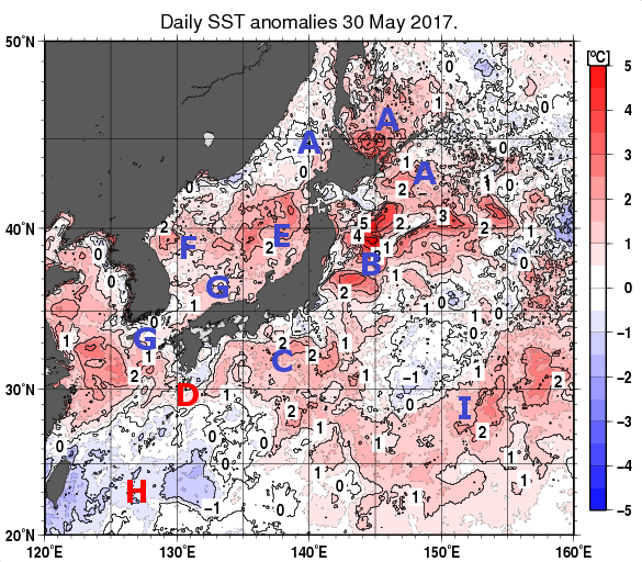 日本近海の海面水温平年差分布図（5月30日）