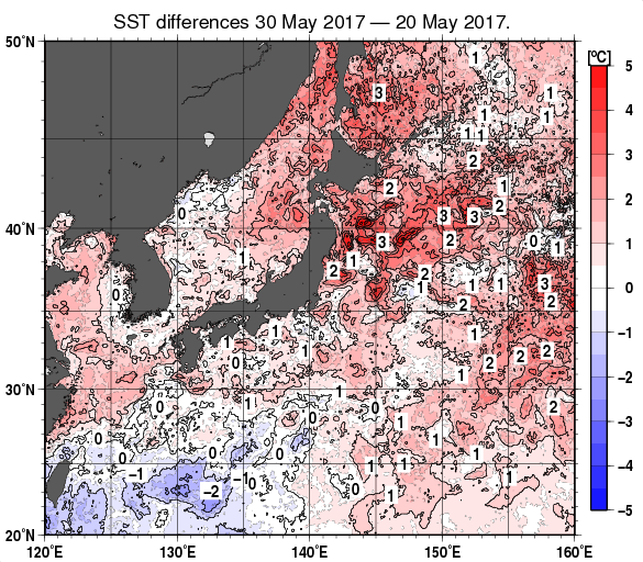 日本近海の10日間の海面水温変化量分布図（5月30日）