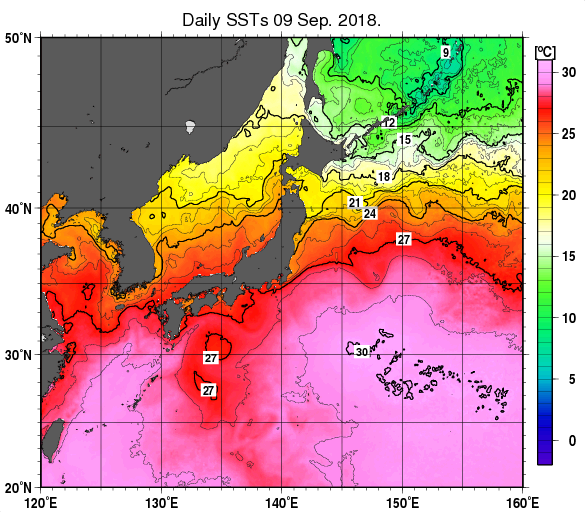 日本近海の海面水温分布図（9月9日）