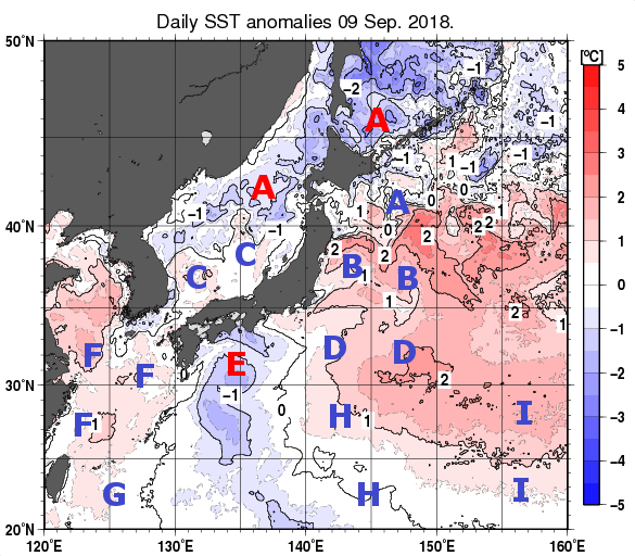 日本近海の海面水温平年差分布図（9月9日）