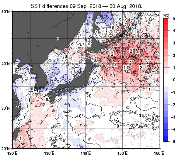 日本近海の10日間の海面水温変化量分布図（9月9日）