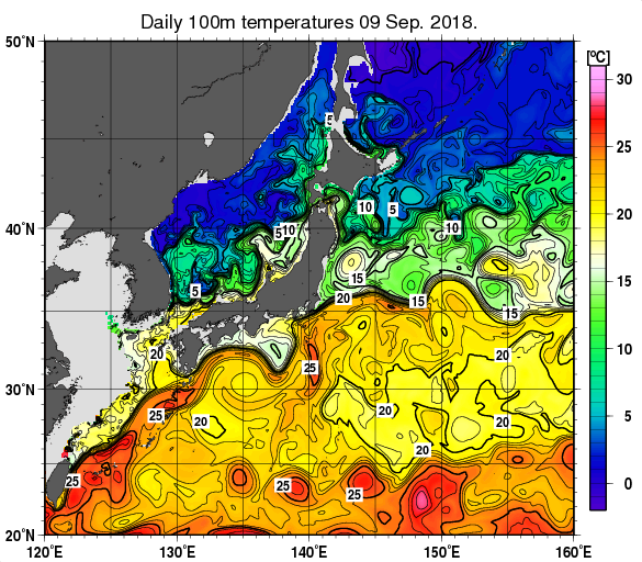日本近海の深さ100mの水温分布図（9月9日）