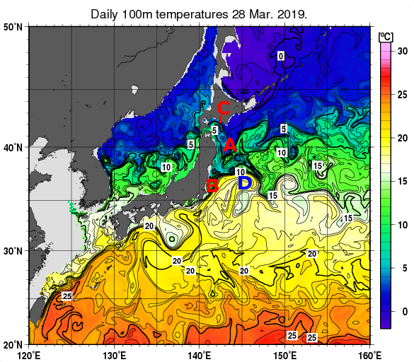 日本近海の深さ100mの水温分布図（3月28日）