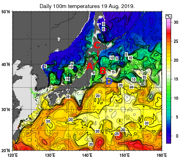 日本近海の深さ100mの水温分布図（8月19日）