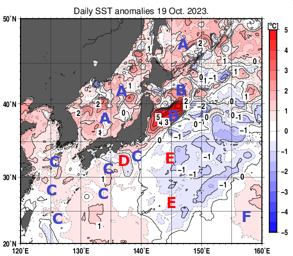 日本近海の海面水温平年差分布図（10月19日）