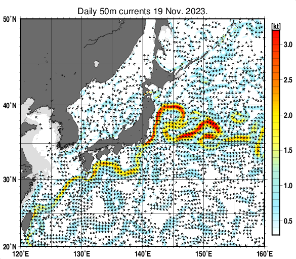 日本近海の深さ50mの海流分布図（11月19日）
