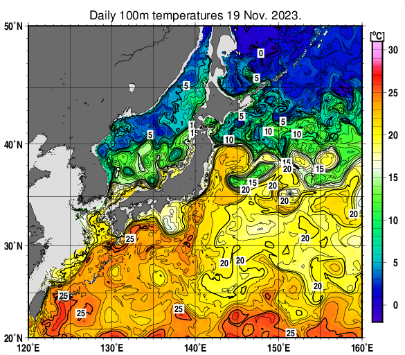 日本近海の深さ100mの水温分布図（11月19日）