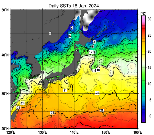 日本近海の海面水温分布図（1月18日）