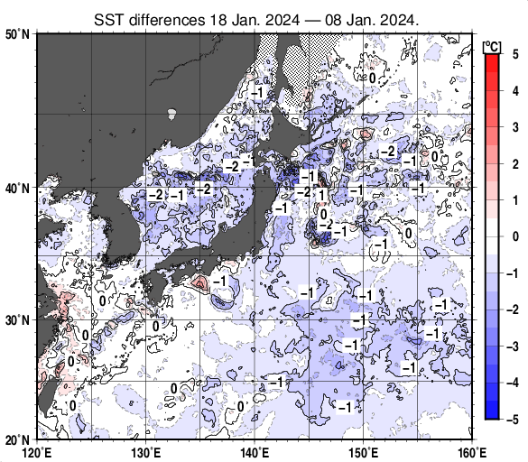 日本近海の10日間の海面水温変化量分布図（1月18日）