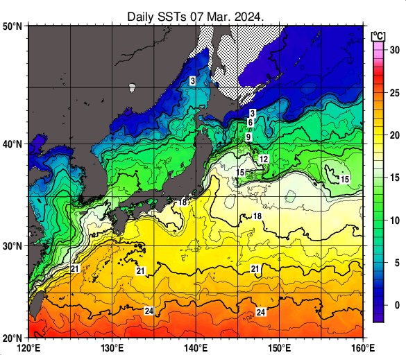 日本近海の海面水温分布図（3月7日）