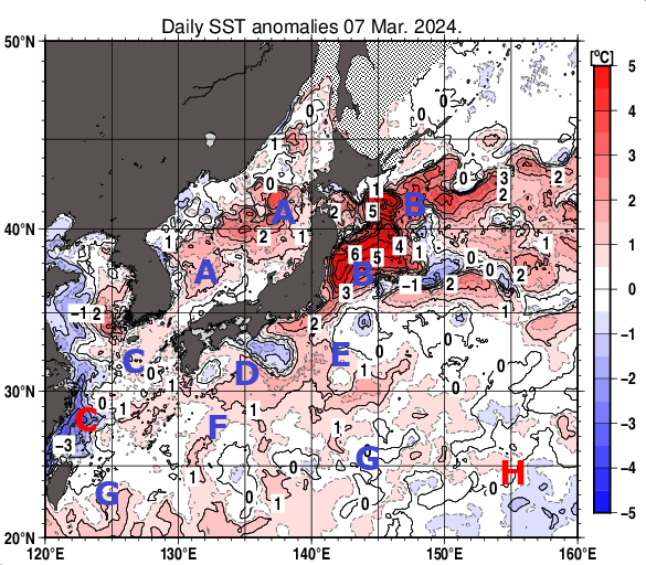 日本近海の海面水温平年差分布図（3月7日）