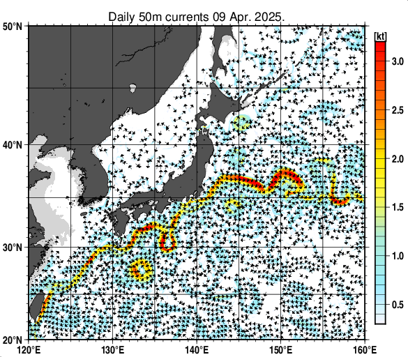 日本近海の深さ50mの海流分布図（4月9日）