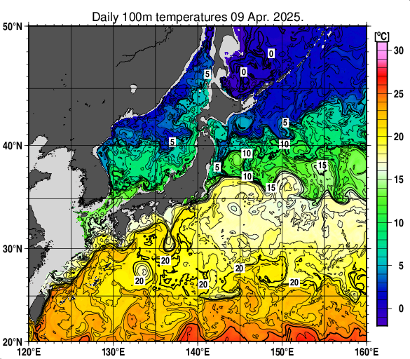 日本近海の深さ100mの水温分布図（4月9日）