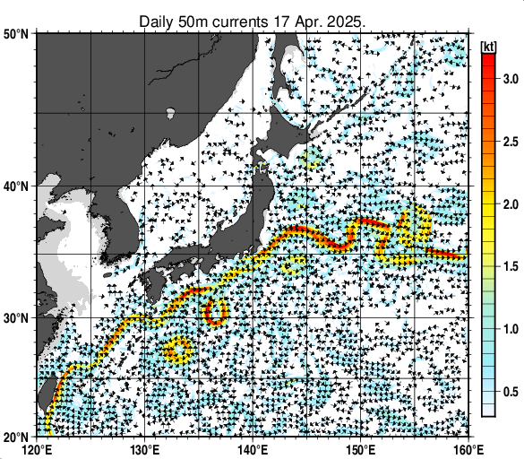 日本近海の深さ50mの海流分布図（4月17日）