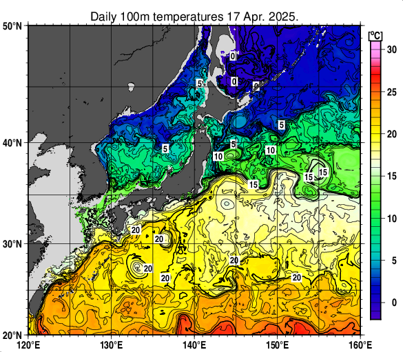 日本近海の深さ100mの水温分布図（4月17日）