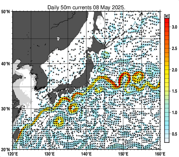 日本近海の深さ50mの海流分布図（5月8日）