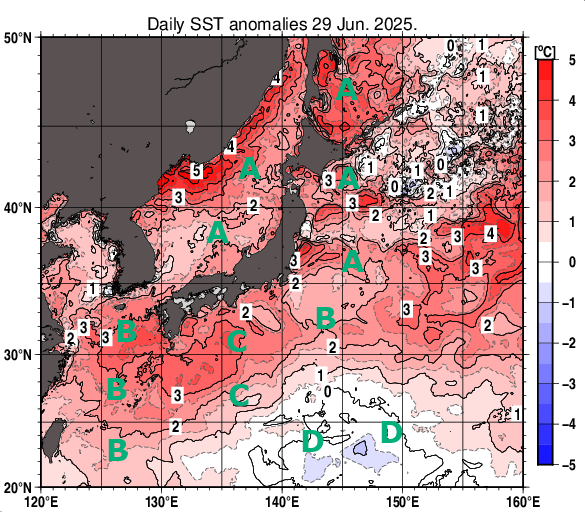 日本近海の海面水温平年差分布図（6月29日）