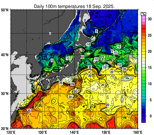 日本近海の深さ100mの水温分布図（9月18日）