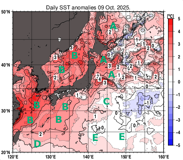 日本近海の海面水温平年差分布図（10月9日）