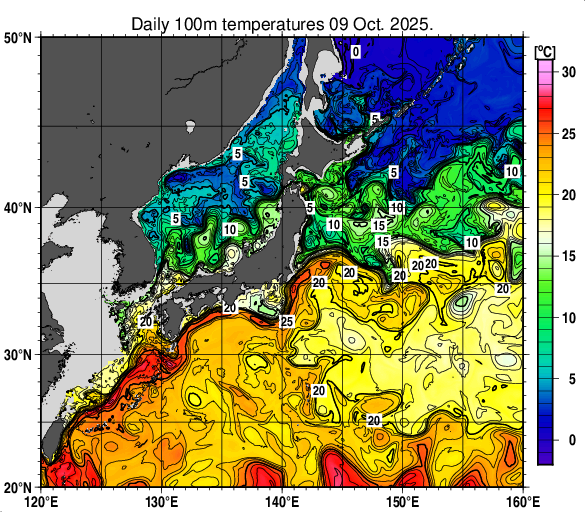日本近海の深さ100mの水温分布図（10月9日）