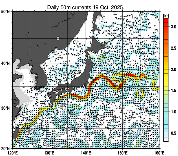 日本近海の深さ50mの海流分布図（10月19日）