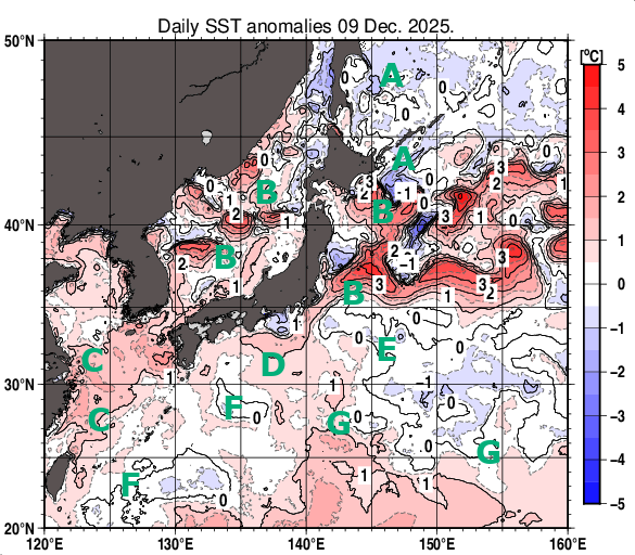 日本近海の海面水温平年差分布図（12月9日）