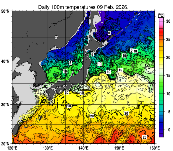 日本近海の深さ100mの水温分布図（2月9日）