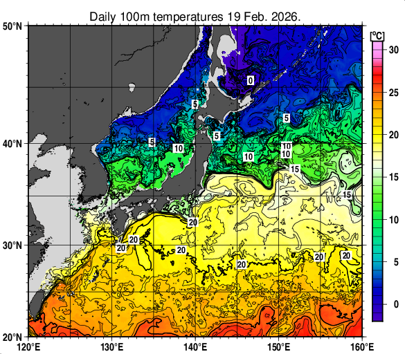 日本近海の深さ100mの水温分布図（2月19日）