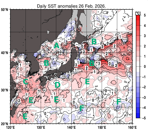 日本近海の海面水温平年差分布図（2月26日）