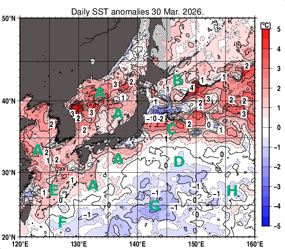 日本近海の海面水温平年差分布図（3月30日）