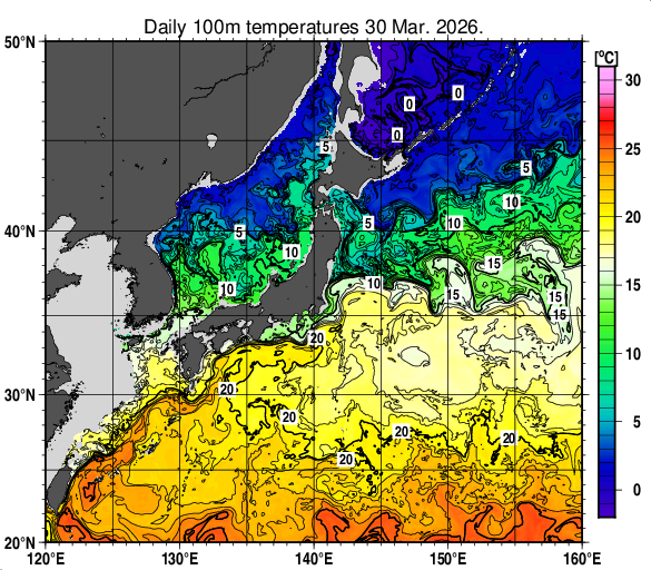 日本近海の深さ100mの水温分布図（3月30日）