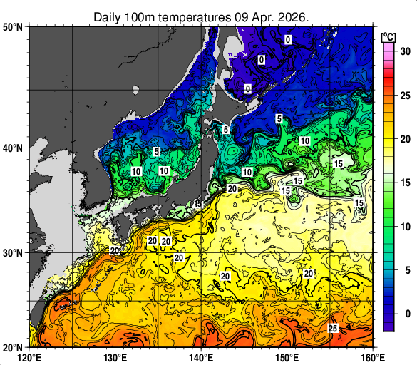 日本近海の深さ100mの水温分布図（4月9日）