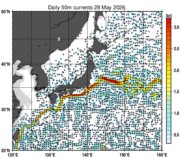 日本近海の深さ50mの海流分布図（5月28日）