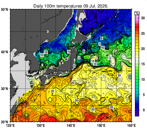 日本近海の深さ100mの水温分布図（7月9日）