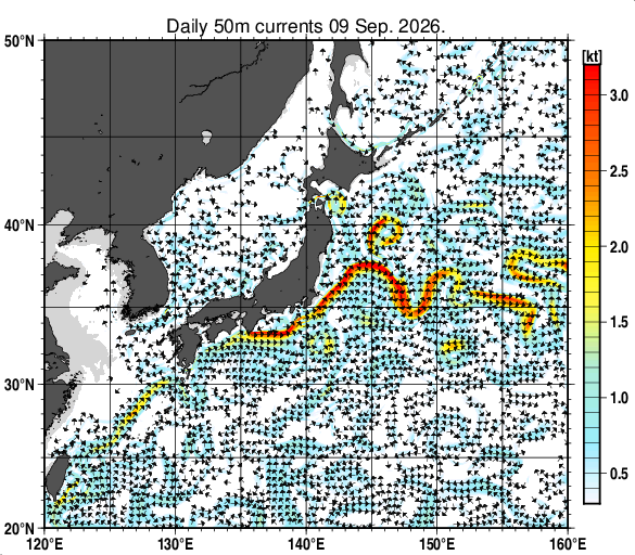 日本近海の深さ50mの海流分布図（9月9日）