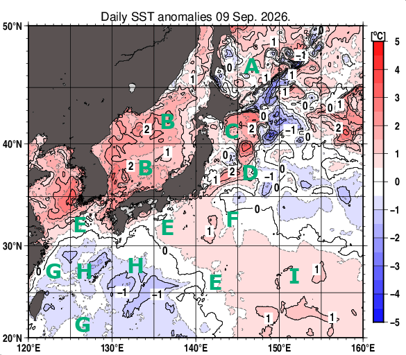 日本近海の海面水温平年差分布図（9月9日）