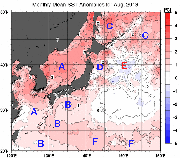 日本近海の月平均海面水温平年差分布図（2013年8月）