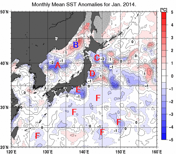 日本近海の月平均海面水温平年差分布図（2014年1月）