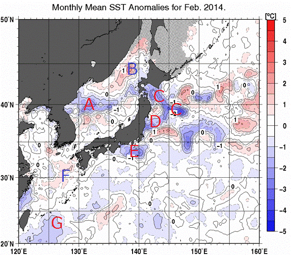 日本近海の月平均海面水温平年差分布図（2014年2月）