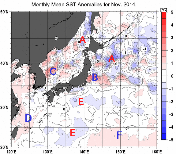 日本近海の月平均海面水温平年差分布図（2014年11月）