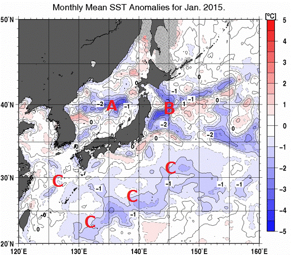 日本近海の月平均海面水温平年差分布図（2015年1月）