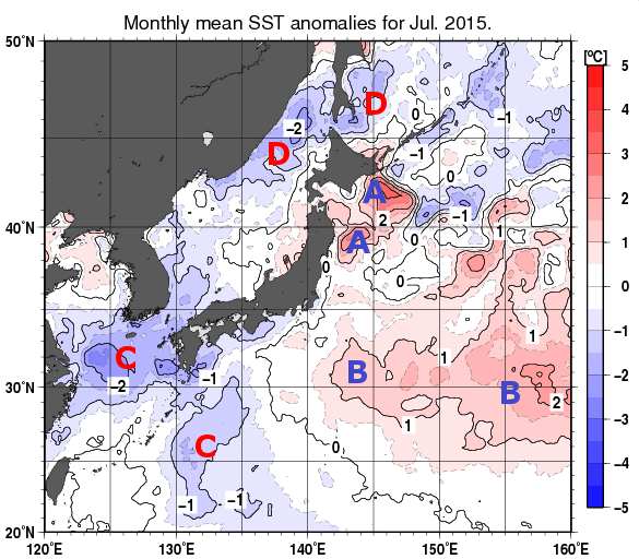 日本近海の月平均海面水温平年差分布図（2015年7月）