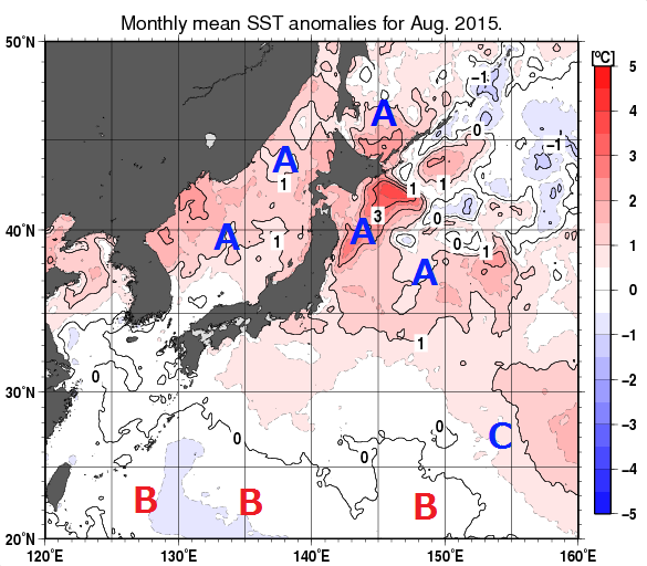日本近海の月平均海面水温平年差分布図（2015年8月）