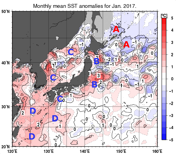 日本近海の月平均海面水温平年差分布図（2017年1月）